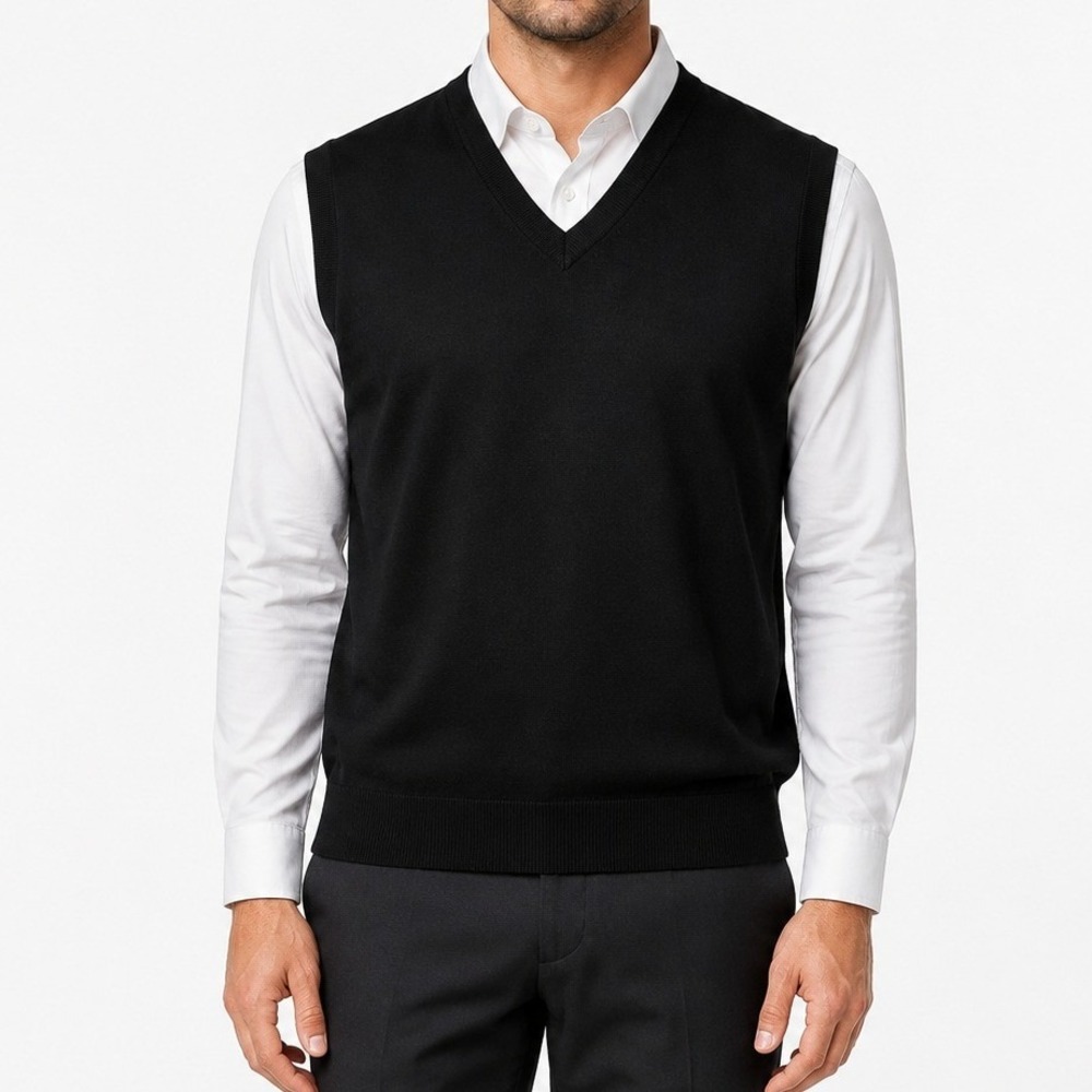 Turnbury Sweater Vest Men XL Black Extra Fine Merino Wool V-Neck Solid Classic